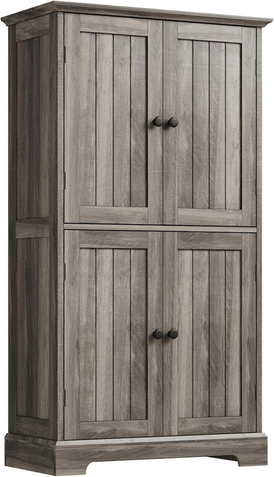 ChooChoo Bathroom Floor Cabinet, Farmhouse Bathroom Storage Cabinet with 4 Doors and Adjustable Shelves, Pantry Cabinet for Living Room, Kitchen, Retro Grey