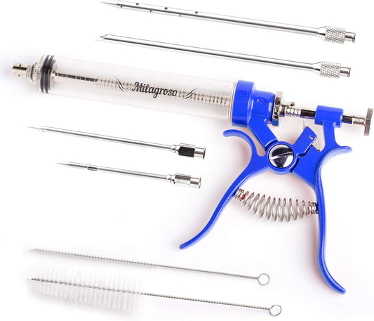 Meat Injector Marinade Gun Stainless Steel Outdoor Kit Flavor Food Syringes & 4 Marinades Needles for BBQ Grill Smoker Injectors Professional Syringe Held Culinary Barbecue Tool (Blue)