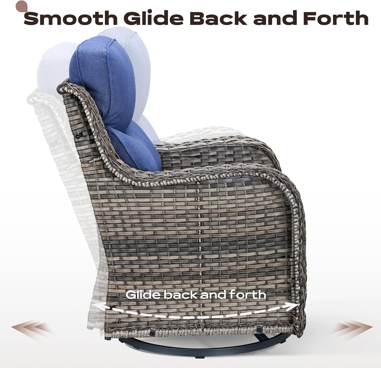 Wicker Outdoor Patio Furniture Set - 4 Piece Patio Conversation Set with Swivel Rocker Chairs and Ottomans, 6 inch Cushions, High Back, Deep Seating, for Porch Deck Garden Mixed Grey/Blue
