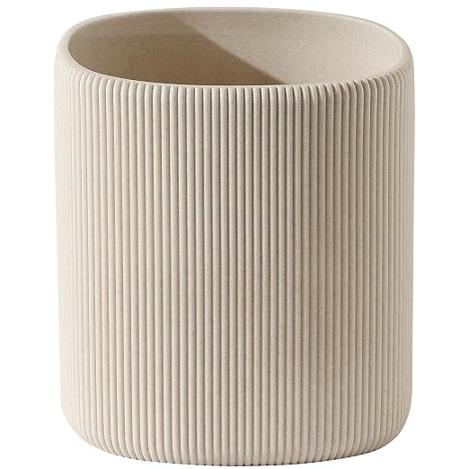Bathroom Trash Can, 1.6 Gallon Small Trash Can Cabinet, Simple Stone Look Oval Office Garbage Bin, Decorative Waste Basket for Bedroom, Living Room, Kitchen - Beige & Vertical Stripe