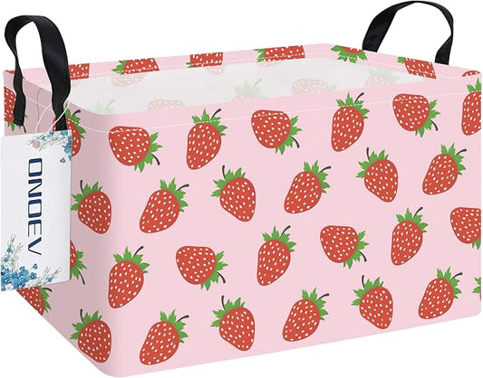 Rectangular Strawberry Pattern Storage Bin, Decorative Canvas Laundry Basket with Dual Handles, Foldable Household Toy Organizer, Multipurpose Party Gift Basket for Bedroom Dorm Closet