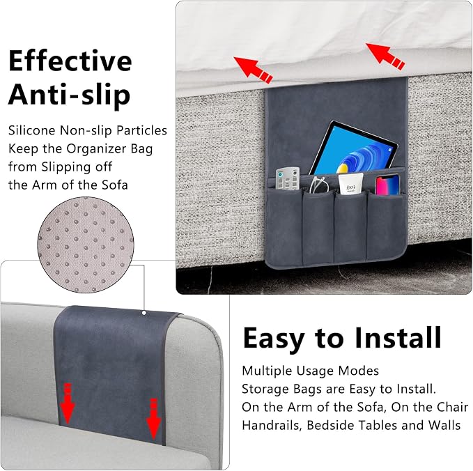 Couch Armrest Remote Control Holder, Polar Fleece Couch Caddy Gifts for Seniors, Non-slip Bed Caddy Tv Remote Holder with 5 Pockets for Key Glasses Phone Magazine Holders