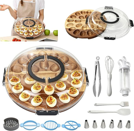 Deviled Egg Containers with Lid, 2026 Upgraded Acacia Wood Deviled Egg Platter – 24 Holes Round Tray with Egg Slicer, Piping Tips & Mini Tongs, Complete Deviled Eggs Carrier Set for Easter Party
