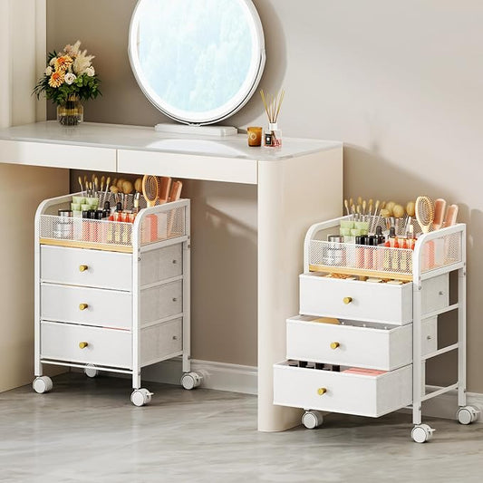 SWTYMIKI Rolling Makeup Organizer Cart - 14.96″*11.81″*23.03″ Widened Under Desk Vanity Storage with 3 Non-woven Drawers, Cosmetic Display Cases for Skin Care Perfume Nail Polish Brush Hair Tool White