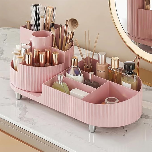 Booklov Rotating Makeup Caddy Organizer for Vanity, Large Capacity Cosmetic Display Case, Countertop Beauty Storage Holder for Skincare, Brush Eyeshadow Lipstick, Counter Desk Organization, Pink
