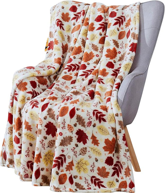 Fall Decor Throw Blanket: Soft Warm Autumn Leaves and Berries in Red Yellow Brown Beige Colors for Living Room Couch Bed Chair Dorm, Oversized 50" x 70" inches
