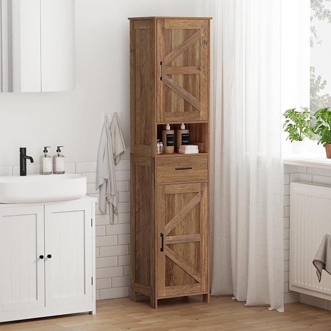 Homhedy 67" H Tall Bathroom Storage Cabinet with 2 Barn Doors and 1 Drawer, Narrow Storage Unit, Adjustable Shelves, Floor Cabinet for Bathroom, Living Room, Entryway, Kitchen, Rustic Walnut, (15.7"W)