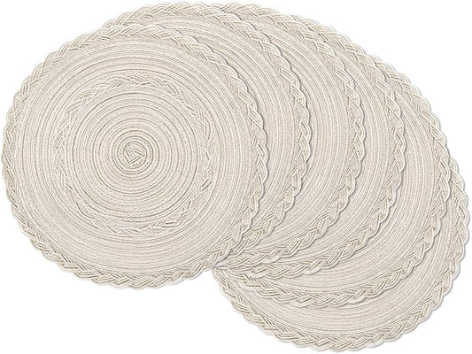 SHACOS Round Placemats Set of 6 Boho Braided Bordered Place Mats 15 inch for Dining Tables Wedding Holiday Party (Ivory Bordered, 6)
