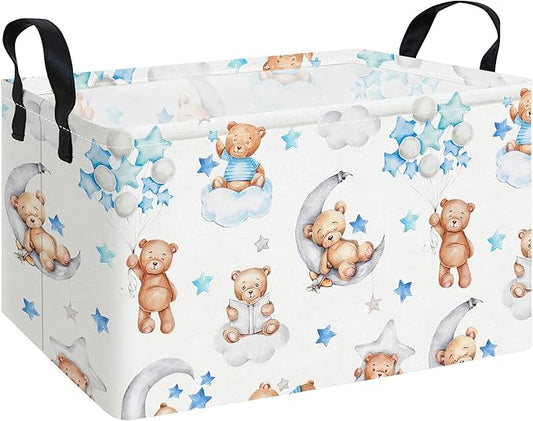 Rectangular Cute Bear Pattern Storage Bin, Decorative Canvas Laundry Basket with Dual Handles, Foldable Toy & Household Organizer, Multipurpose Party Gift Basket for Home Bedroom Dorm