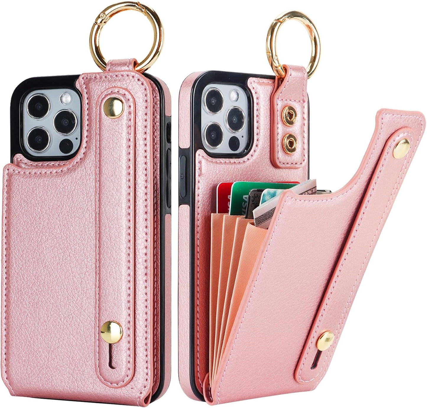 Folosu for iPhone 12/12 Pro Wallet Case with Card Holder, Hand Wrist Strap Loop Holder Kickstand, RFID Blocking Finger Grip Ring PU Leather Double Buttons Shockproof Cover 6.1" Rosegold"