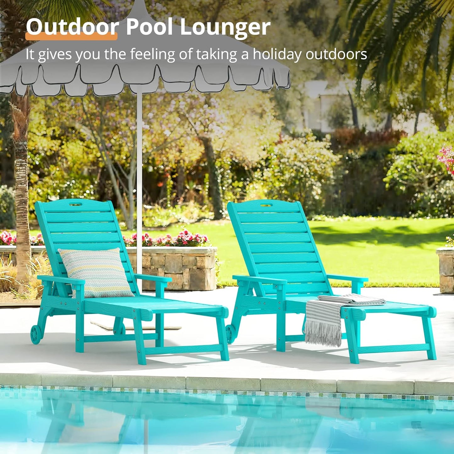 LUE BONA Chaise Lounge Chairs Set with Table, 6-Piece, 79'' Oversized HDPS Chaise Lounger, 5 Positions Adjustable Lounge Chairs, Pool Lounge Chair with Wheels for Poolside, 3 Year Warranty, Aruba Blue