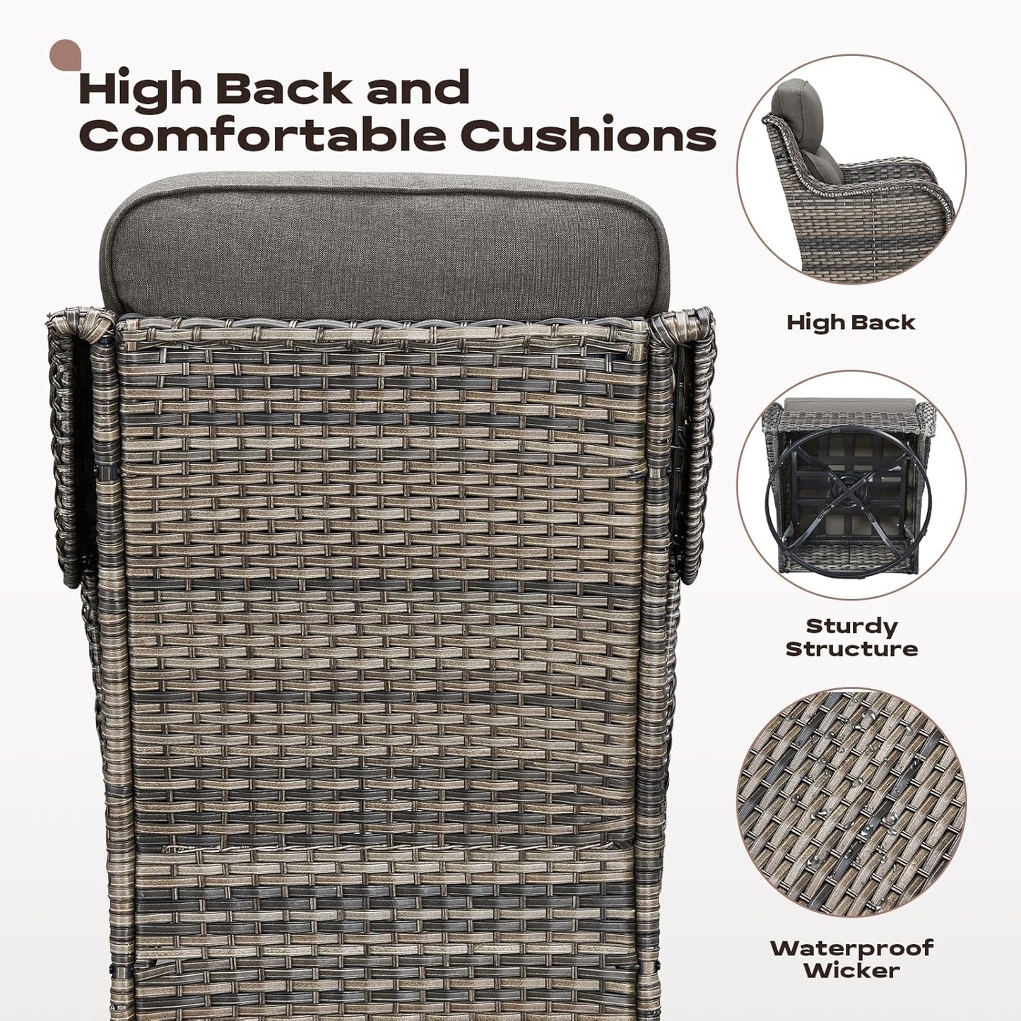 Wicker Outdoor Patio Furniture Set - 8 Piece Patio Conversation Sets with Swivel Rocker Chairs, Ottomans, Sofa and Table, 6 inch Cushions, Deep Seating, for Porch Deck Mixed Grey/Grey