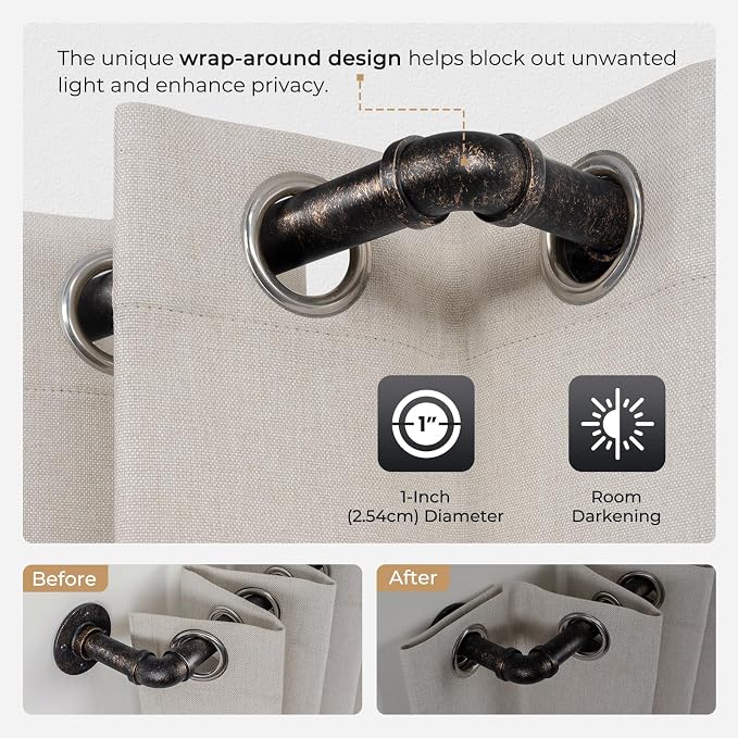 Zeerobee Curtain Rods for Windows 72 to 144, 1 Inch Industrial Wrap Around Vintage Bronze Curtain Rod, Indoor/Outdoor Room Divider Adjustable Drapery Pole, 72"-144"