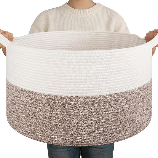OIAHOMY Large Blanket Basket for Living Room, 19.7" x 12.6" Woven Cotton Rope Laundry Basket for Organizing Pillows, Decorative Stuffed Animal Toy Storage for Nursery, White and Linen Brown