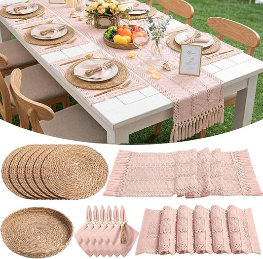 6 Sets Boho Decoration Placemats Round Woven Placemats, Cloth Napkins, Wood Bead Napkin Rings, Long Table Runner and Farmhouse Burlap Cotton for Table Kitchen (Pink,12x72)