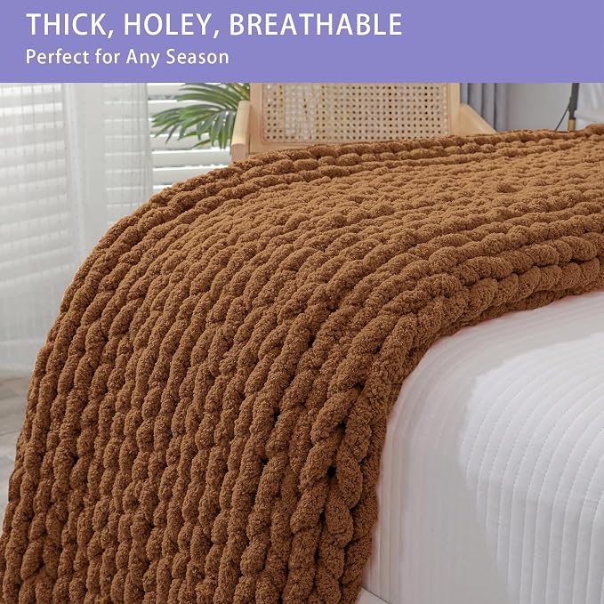 Bigacogo Chunky Knit Throw Blanket for Couch, 40x60 inches, 100% Hand Knitted with Thick Jumbo Chenille Yarn, Cozy Soft Large Rope Knot Cable Crochet Blankets for Sofa Bed Living Room, Caramel