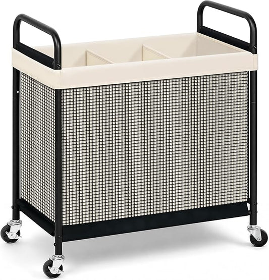 STORAGE MANIAC Rolling Laundry Hamper with Wheels 3-Section Laundry Sorter Rolling Laundrys Basket on Wheels with Removable Bag Clothes Hamper Laundrys Organizer Cart Bathroom Bedroom 120L Beige