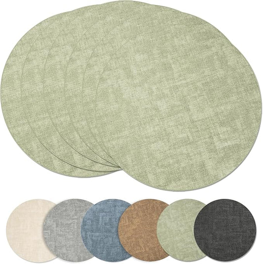 Maxpearl Round Placemats Set of 6, 13.8 inch Faux Leather Heat Resistant Table Mats, Non Slip Waterproof Wipeable Place Mats for Kitchen Dining Holiday Party Table Settings, Sage Green