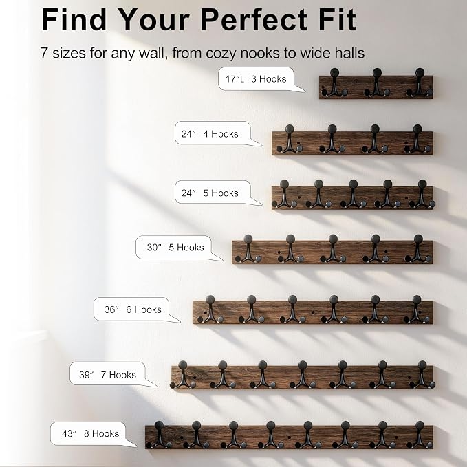 SKOLOO 24-Inch Wood Burnt Coat Rack Wall Mount with 4 Triple Hooks - Ideal for Family Entrances, Classrooms, and Pet Supplies Storage - Perfect Coat Hooks for Wall, Pack of 2