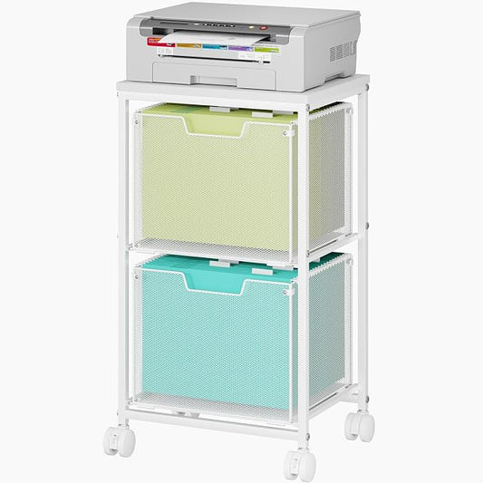 Rolling File Cart with 2 Storage Drawers,Under Desk Storage Cart,Hanging File Folder Organizer with Wheels, Filing Cabinet Mobile Printer Stand Utility Craft Cart for Home Office,White