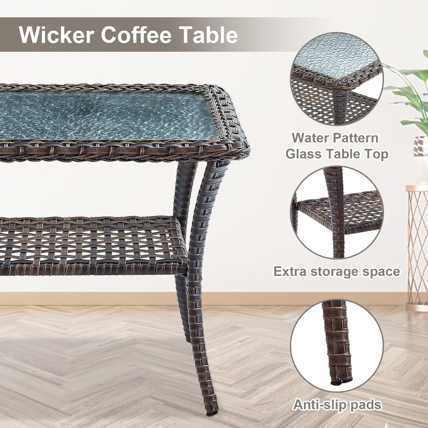 Outdoor Wicker Furniture Set with Swivel Chairs, 5 Piece Small Patio Conversation Sets with Rattan Loveseat Coffee Table for Patio Deck Porch Backyard, Brown Wicker Beige Cushion