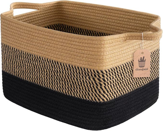 Goodpick Woven Storage Baskets for Organizing, Cotton Rope Organizer for Living Room Bedroom, 13"x10"x9" Rectangle Dog Toy Basket with Handles, Stylish Gift Baskets Empty, Black & Jute