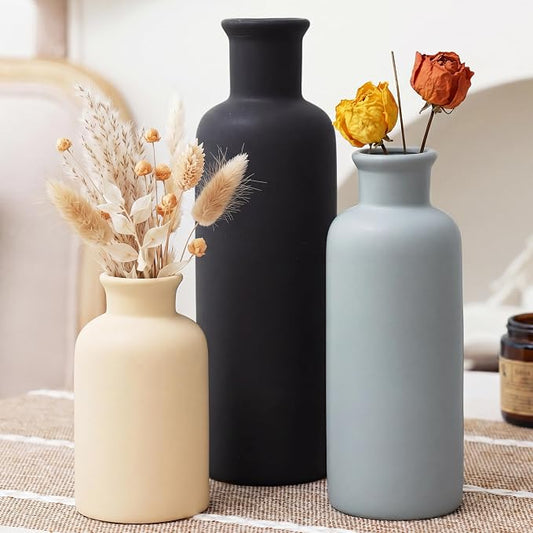 Ceramic Vase Set of 3, Neutral Rustic Vases for Farmhouse Decor, Pampas Grass & Dried Flowers and Table Living Room Home Decor