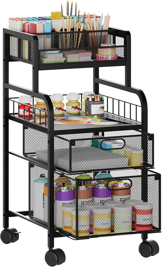 SWTYMIKI Rolling Cart with Drawers - Metal Craft Cart with Wheels, DIY Divider and Wood Shelf, Art Supply Organizer for Under Desk Storage, Utility Storage Cart for Home Office Studio, Black