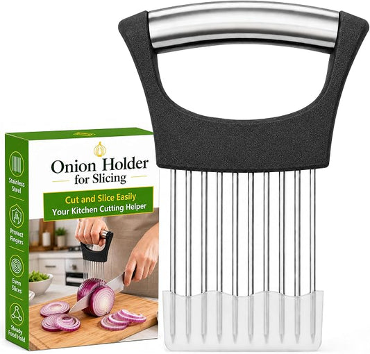 Onion Slicer, Stainless Steel Onion Holder for Slicing with Protective Cover, Onion Cutter Tool, Food Slicing Guide for Kitchen, Tomato, Potato, Lemon, Meat, Avocado, Egg, Fruit