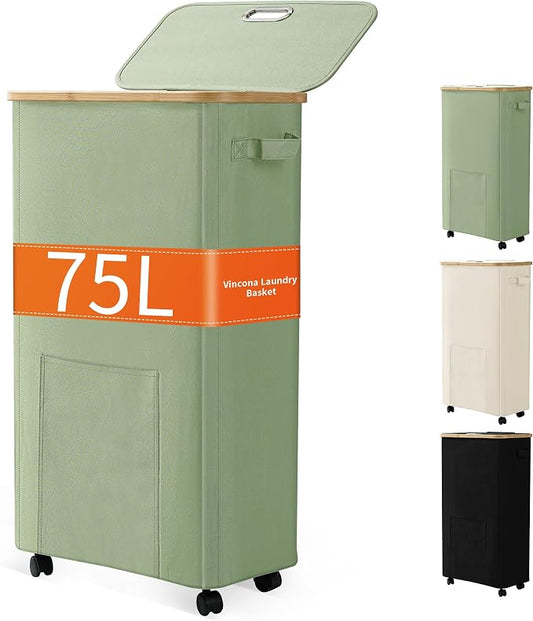 Vincona Laundry Basket with Wheels, Dirty Clothes Hamper on Wheels, Rolling Tall Laundry Hamper with lid for Laundry Room, Dorm and Bathroom, 75L Sage Green