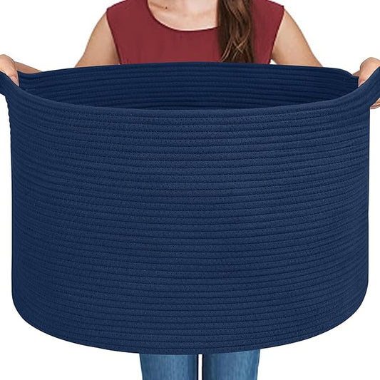 MEGASKET Dark Blue Basket for Organizing, 22" x 14" Extra Large Woven Cotton Rope Laundry Basket, Blanket Storage for Living Room Bedroom, Big Nursery Kids Toy Box Organizer, Pool Towel Storage Bin