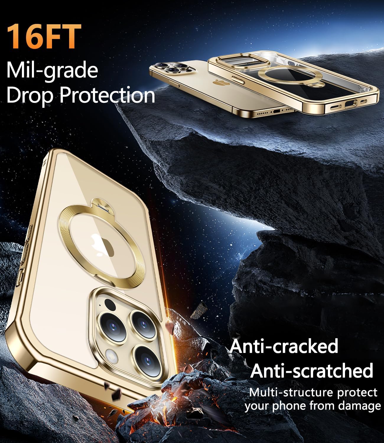 [360° Rotatable CD Stand & Built-in Privacy Screen Magnetic Case for iPhone 13 Pro Max[Compatible with MagSafe&Full Signal] Mil-Grade Shockproof Full Body Anti-Spy Cover for 13 Pro Max-Gold