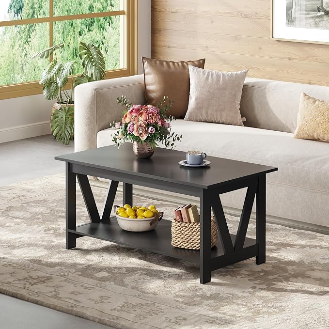 WLIVE Coffee Table with Storage Shelf, 39.4" Farmhouse Coffee Table with V-Frame Support, 2-Tier Wood Rustic Center Table for Living Room, Bedroom & Balcony, Black
