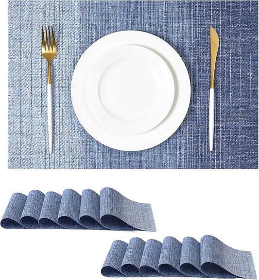 Leetaltree Gradient Blue Woven Placemats Set of 12 - Heat Resistant Non-Slip Place mats for Dining Table, Washable Durable PVC Vinyl Woven Table Mats(Gradient Blue, 12)