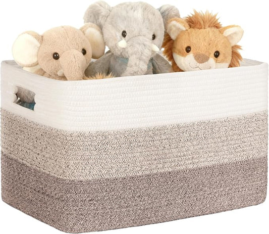 45L Small Laundry Basket with Leather Handles for Living Room Storage, Woven Rope Baskets Bin for Blanket, Kids Toy, Gifts, Wicker Hamper for Bedroom Dirty Clothes, 18"x14"x11" Gradient Brown