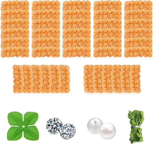 500 Pcs 0.6 Inch Mini Artificial Flowers Head Bulk 5 in 1 Set Faux Foam Fake Small Rose Tiny Baby Flores Bouquet Wreath Gift Hair Clip Home Decoration DIY Craft (Orange)