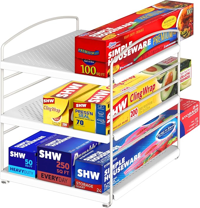 Simple Houseware Kitchen Wrap Organizer Storage Height Adjustable Rack, White