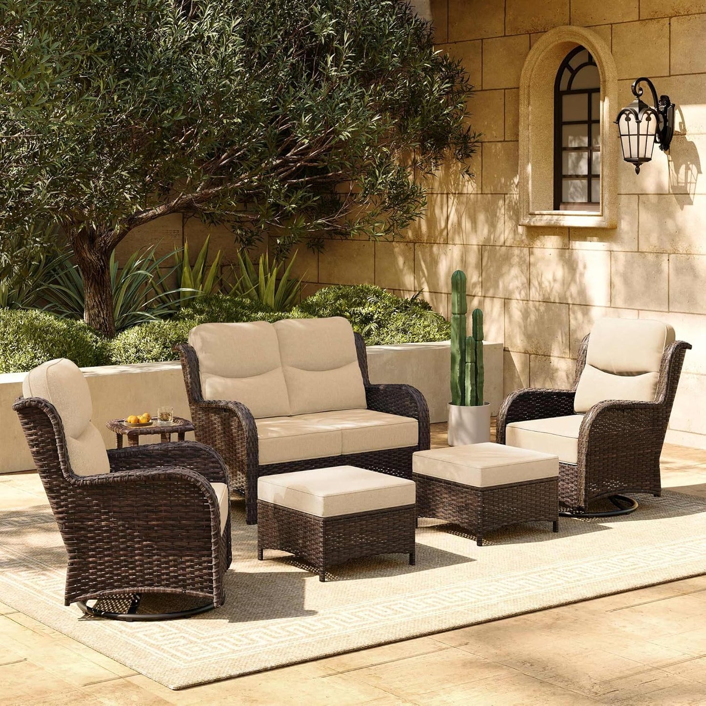 HILLGA Luxury Patio Furniture Set with 6-inch Thick Cushion, Outdoor Loveseat and High Back Swivel Rocker Patio Chairs, 6PCS Wicker Conversation Set for Deck Yard and Poolside, Beige (V2)