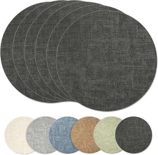 Maxpearl Round Placemats Set of 6, 13.8 inch Faux Leather Heat Resistant Table Mats, Non Slip Waterproof Wipeable Place Mats for Kitchen Dining Holiday Party Table Settings, Black