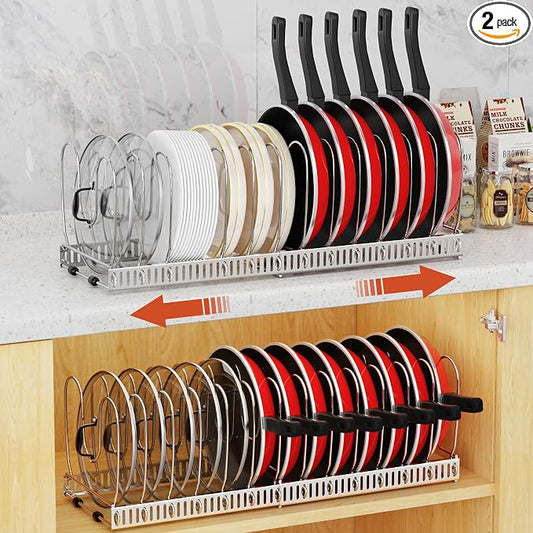 Housolution 2 Pack Pot and Pan Organizer, 12"-23" Expandable Pot Lid Organizer with 14 Adjustable Dividers, Pan Lid Holder Storage Rack for Cabinet, Silver