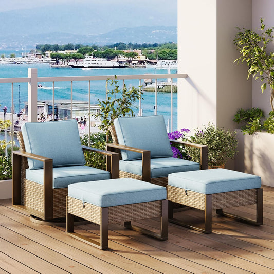 Outdoor Wicker Metal Chairs Set of 2 with Two Ottomans, 360 Degree Glider Rockers Armchairs, 4 Pieces Patio Bistro Set with Wood-Looking Metal Armrest for Poolside, Terrace, Baby Blue