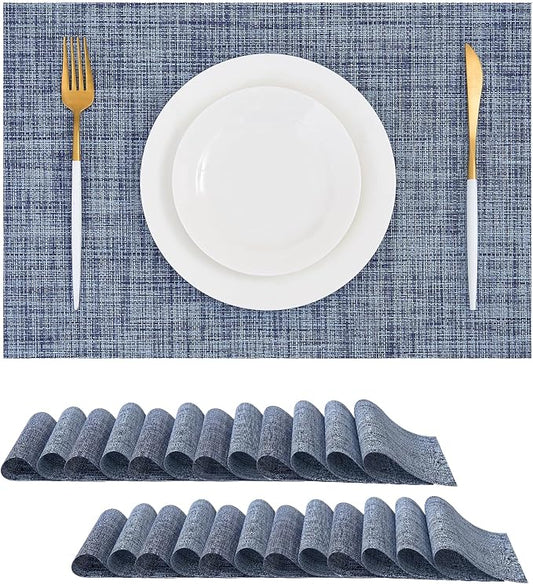 Leetaltree Deep Navy Woven Placemats Set of 24 - Heat Resistant Non-Slip Place mats for Dining Table, Washable Durable PVC Vinyl Woven Table Mats(Deep Navy, 24)