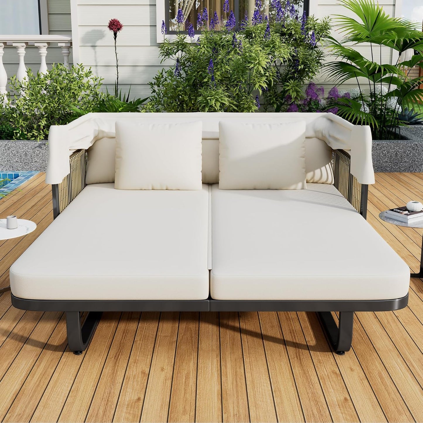 kevinplus Outdoor Patio Sunbed Daybed Double Lounge with Adjustable Canopy for Garden Backyard Pool, Iron Frame & Rattan Material & Moveable Cushion Cover, Beige