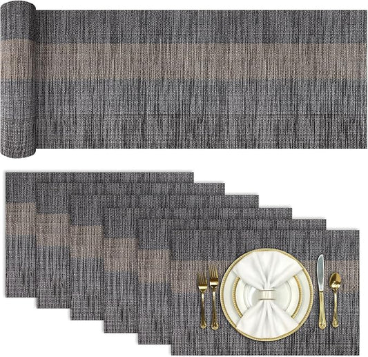 Aofmee Table Runner and Placemats Set of 6 Washable, Heat Resistant Place Mats with Table Runner, Woven Vinyl Table Placemats for Dining Table, Stain Resistant Kitchen Table Mats Sets, Easy to Clean