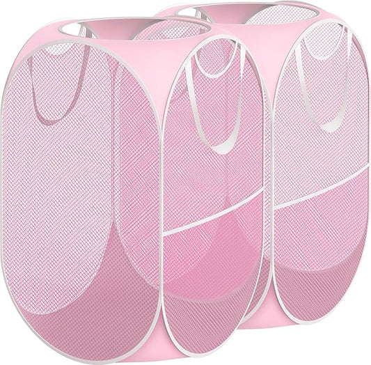 Simple Houseware Mesh Pop-Up Laundry Hamper Basket With Side Pocket, Pink - 2 Pack