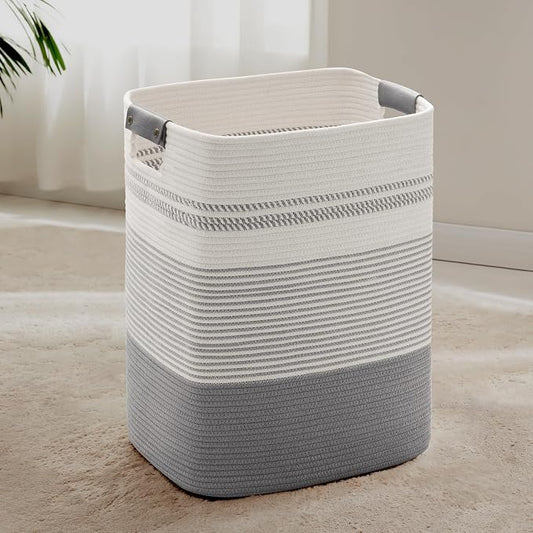 85L Tall Laundry Hamper with Handles for Living Room Storage, Extra Large Woven Rope Baskets Bin for Blanket, Kids Toy, Gifts, Wicker Hamper for Bedroom Dirty Clothes, 17"x14"x22" White Grey