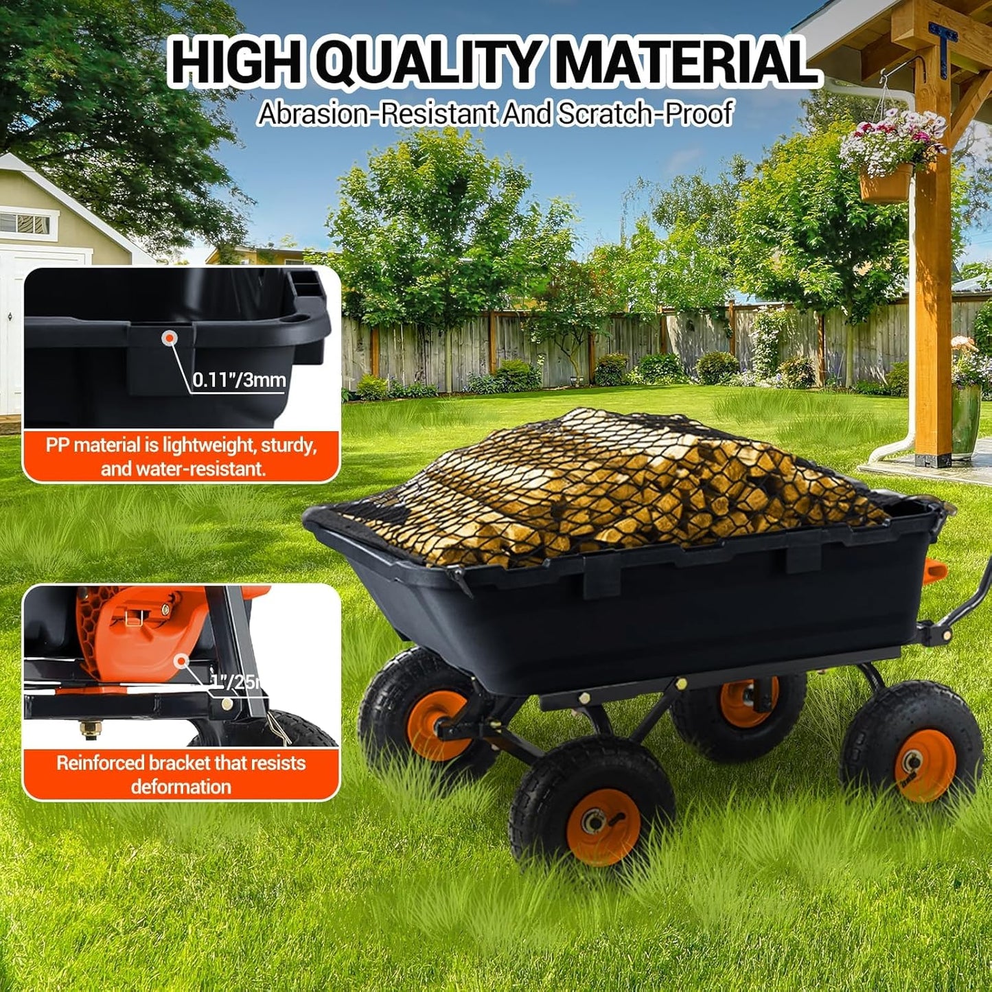 800 Lbs Garden Dump Carts, Heavy Duty Yard Cart, 4 Wheel Wheelbarrow with 10in Tires, Steel Frame and Quick Release System for Plants, Soil, Sand, in Courtyard, Beach, Farm(Black)