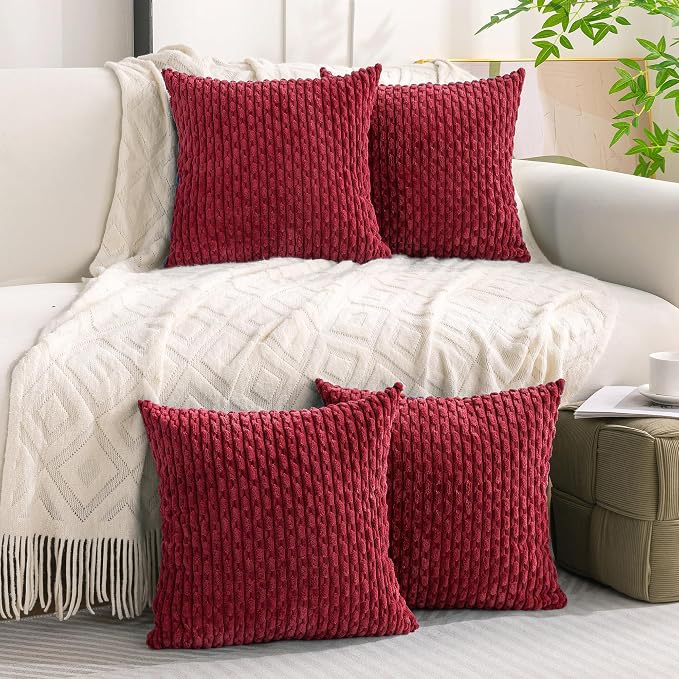 Set of 4 Burgundy Decorative Throw Pillow Covers 22x22 Inch Corduroy Pillow Covers for Bed Couch Sofa Living Room Soft Square Cushion Cases