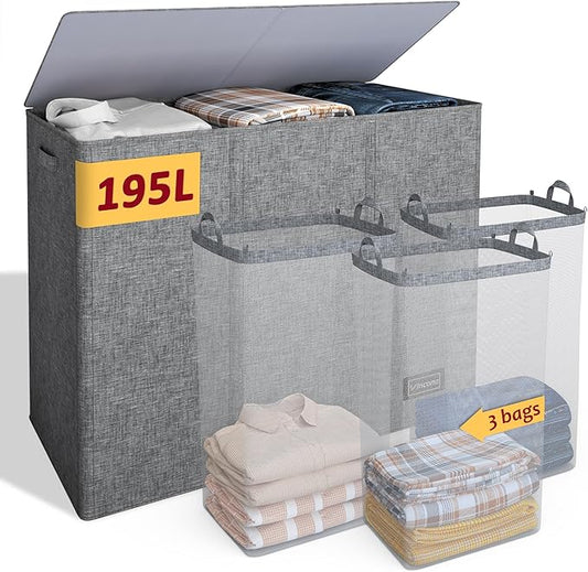 195L Laundry Hamper 3 Section,Large Laundry Hamper with Lid,Dirty Clothes Hamper with 3 Inner Bags,Collapsible Laundry Basket Organizer for Laundry Room,Bedroom,Laundry Sorter Hamper 3 Compartment