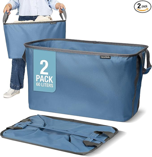 CleverMade Collapsible Laundry Basket 2 Pack – 60L (16 Gal) Foldable Clothes Hamper with Reinforced Handles, Space Saving Fabric Laundry Bin, Holds 55 lbs, Flat Folding for Dorm, Apartment & RV - Denim